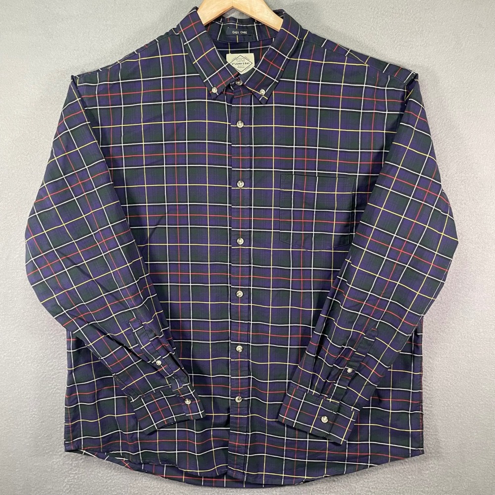 St Johns Bay Mens Plaid Button Down Shirt Long Sleeve XXL 60 Cotton 40 Polyester